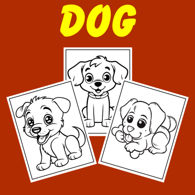 Three cute, cartoon-style puppy coloring pages on a red background with the word "DOG" in bold yellow letters above. Dog coloring pages