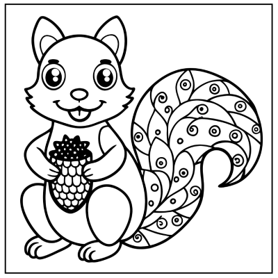 A cute, cartoon-style squirrel holding an acorn, with a patterned, curly tail, outlined for coloring. Fall coloring pages.
