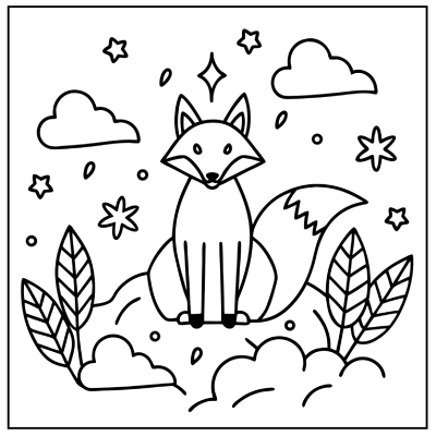 A cute, cartoon-style fox sits amidst clouds, leaves, and stars in a whimsical, black-and-white illustration. Fall coloring pages.