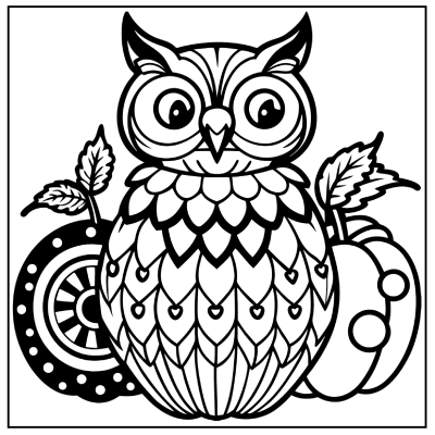 A cute owl with large eyes sits amidst autumn leaves and pumpkins in a black-and-white, whimsical outline illustration. Fall coloring pages.