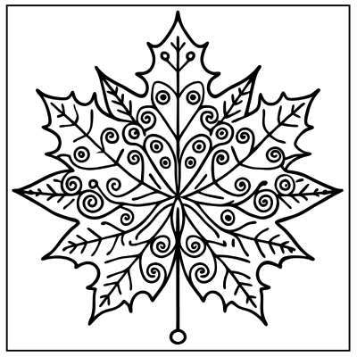 Black and white illustration of a detailed, symmetrical leaf with swirling patterns and intricate leaf veins. Fall coloring pages.