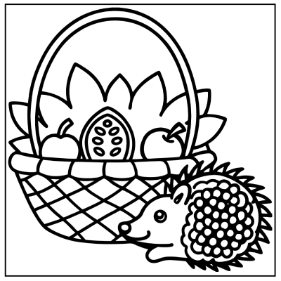 A hedgehog beside a woven basket filled with fruits and sunflowers, outlined in black for coloring. Fall coloring pages.