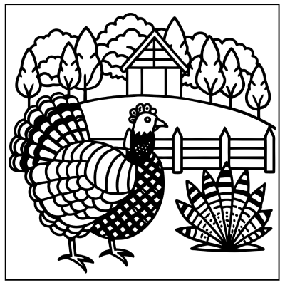 A cartoon-style turkey stands in front of a barn and trees, next to a decorative plant, all in a black and white outline design. Fall coloring pages.