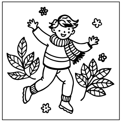 A cheerful child in a scarf and sweater joyfully jumps among stylized leaves and flowers, celebrating the joys of autumn. Fall coloring pages.