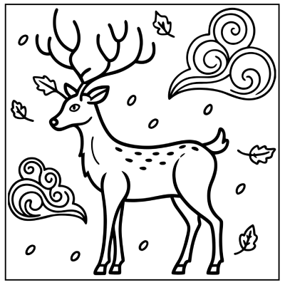 A line drawing of a deer surrounded by swirling winds and falling leaves, depicting a serene autumn scene. Fall coloring pages.