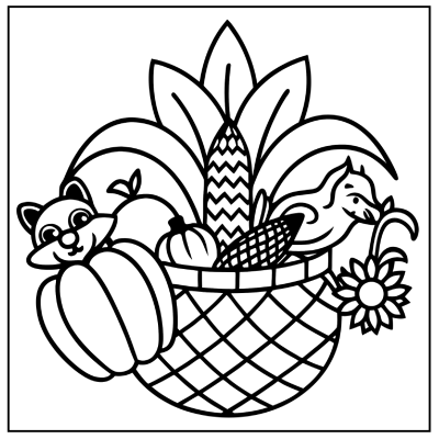 A playful basket filled with pumpkins, corn, and sunflower, accompanied by a cheerful raccoon and a squirrel peeking out. Fall coloring pages.