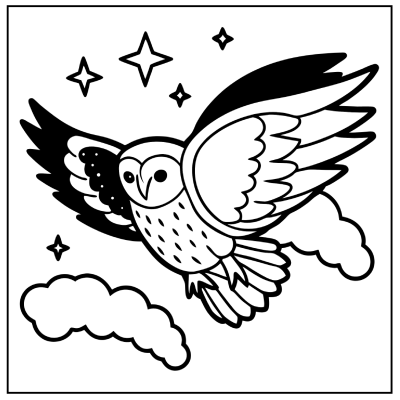 A cartoonish owl with outstretched wings flies among clouds and stars, depicted in bold black outlines. Fall coloring pages.