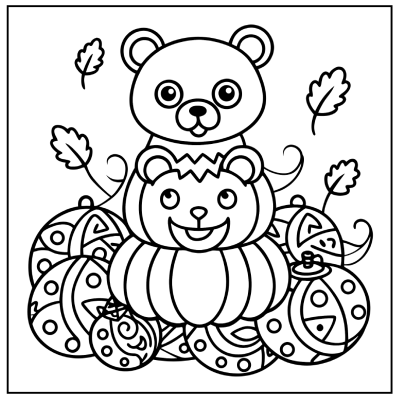 Two cheerful bear cubs sit atop a pumpkin surrounded by colorful ornaments and falling leaves in a playful autumn scene. Fall coloring pages.