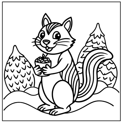 A cheerful cartoon squirrel holding a cup of nuts, surrounded by stylized pine trees in a simple, black-and-white outline drawing. Fall coloring pages.