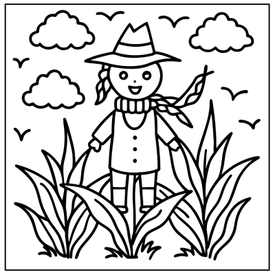 A cheerful scarecrow with a hat and braids stands among tall plants, under a sky filled with clouds and birds. Fall coloring pages.