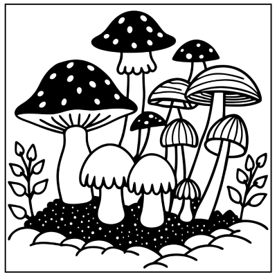 A black and white illustration of various mushrooms in a dense cluster, surrounded by small plants and textured ground. Fall coloring pages.
