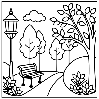 A peaceful park scene featuring a bench, lamp post, trees, a cloud, and shrubs, designed for coloring. Fall coloring pages.