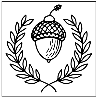 A simple, hand-drawn illustration of an acorn surrounded by a circular laurel wreath. Fall coloring pages.