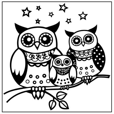 Three cute, cartoon-style owls sitting on a branch, with stars above them, featuring intricate patterns and designs. Fall coloring pages.