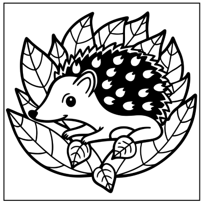 A cute hedgehog with a spiky back sits among stylized leaves, depicted in a black and white outline illustration. Fall coloring pages.