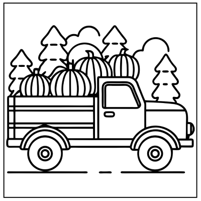 A vintage-style truck loaded with pumpkins drives through a forest of trees under a clear sky. Fall coloring pages.