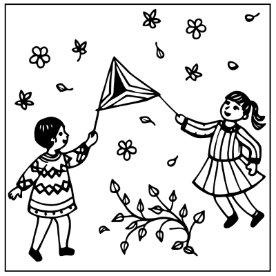 Two children joyfully fly a kite surrounded by flowers and leaves in a playful outdoor scene. Fall coloring pages.