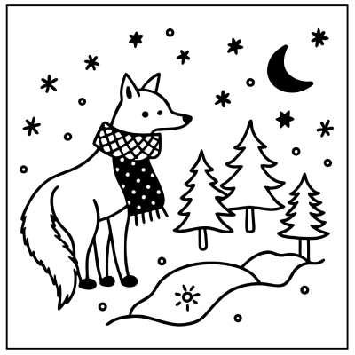 A cartoon fox in a polka-dotted scarf stands in a snowy landscape with pine trees, stars, and a crescent moon overhead. Fall coloring pages.