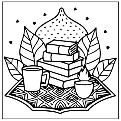 A stack of books surrounded by leaves, a steaming mug, and a candle flame on a patterned mat, evoking a cozy reading atmosphere. Fall coloring pages.