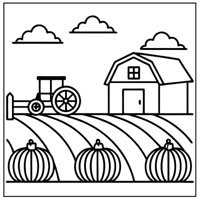 A black and white illustration of a farm scene with a tractor, a barn, rolling fields, and three pumpkins under a cloudy sky. Fall coloring pages.