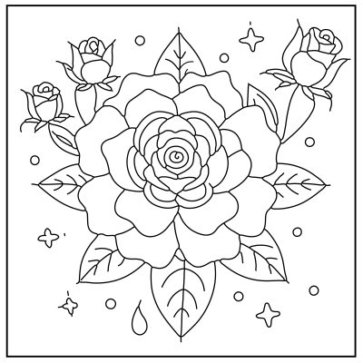 A detailed black and white illustration of a large rose with smaller roses and decorative elements like stars and drops. Flower coloring pages.