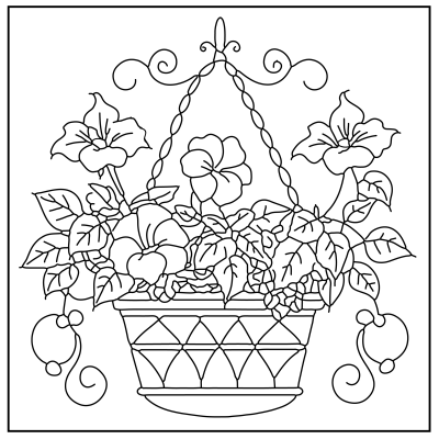 Line art of a flowering hanging basket with leaves and blooms, elegantly designed with decorative swirls. Perfect for coloring. Flower coloring pages.
