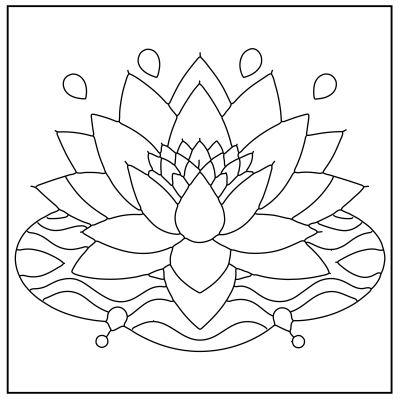 Line art of a stylized lotus flower surrounded by wavy patterns, suitable for coloring. Flower coloring pages.