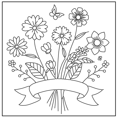 A black and white floral illustration featuring various flowers, leaves, and a butterfly, with a blank ribbon banner at the bottom. Flower coloring pages.