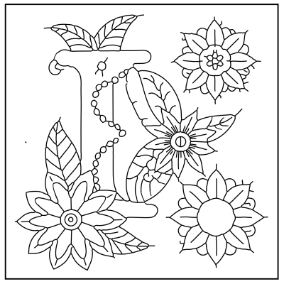 Illustration of the letter "D" surrounded by intricate flowers and leaves, designed in a coloring book style. Flower coloring pages.