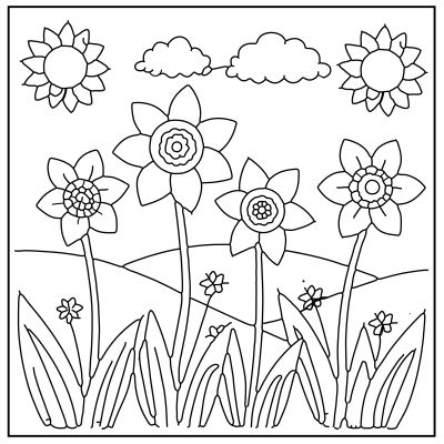 A decorative illustration featuring the letter 'D' intertwined with various floral designs and leaves, outlined for coloring. Flower coloring pages.