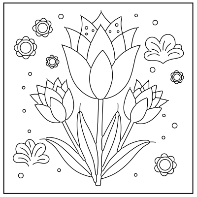 A black-and-white illustration of five flowers, two suns, and clouds, set against rolling hills. Perfect for coloring. Flower coloring pages.