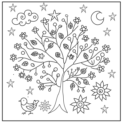 A whimsical black-and-white illustration featuring a flower-laden tree, a bird, stars, and a crescent moon against a cloud. Flower coloring pages.