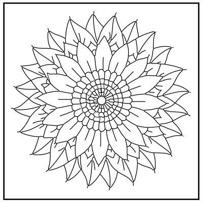 A detailed black and white mandala design featuring layered petals and circular patterns radiating from the center. Flower coloring pages.