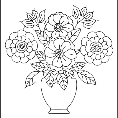Black and white outline drawing of a floral arrangement in a vase, featuring multiple blossoms and detailed leaves. Flower coloring pages.