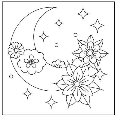 A decorative outline illustration featuring a crescent moon, flowers, and stars against a simple background. Flower coloring pages.