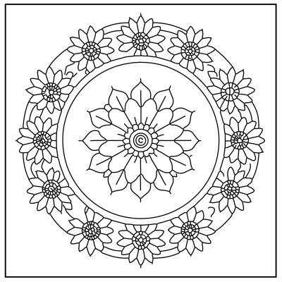 Black and white mandala design featuring a central floral motif surrounded by concentric circles of blooming flowers. Flower coloring pages.