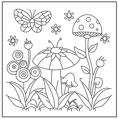 A whimsical line art illustration featuring a butterfly, flowers, mushrooms, and various plants in a playful garden scene. Flower coloring pages.