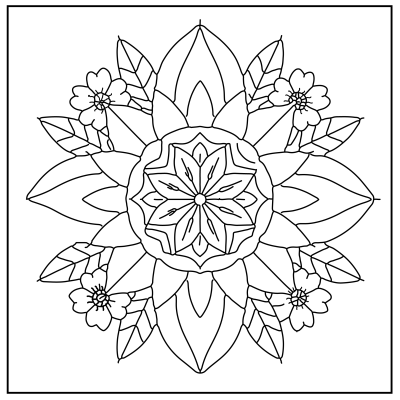 Black and white mandala with flower and leaf designs, showcasing intricate patterns radiating from the center. Ideal for coloring. Flower coloring pages.
