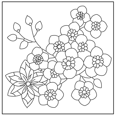 Line art of a cluster of flowers with various shapes and sizes, surrounded by leaves, designed for coloring activities. Flower coloring pages.