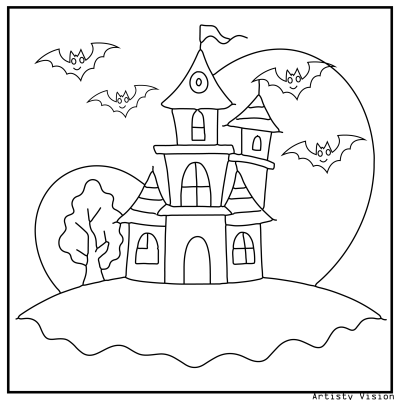 Halloween coloring page with haunted house on a hill and bats flying in the night sky.