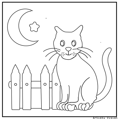 Halloween cat coloring page with a black cat sitting on a fence under a crescent moon. Halloween coloring page