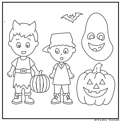 Trick-or-treat Halloween coloring page with children dressed in costumes.