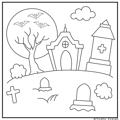 Halloween graveyard coloring page with spooky tombstones and eerie trees. Halloween coloring page
