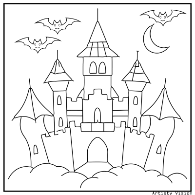 Vampire castle Halloween coloring page with bats flying above.