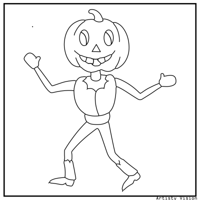 Skeleton coloring page featuring a skeleton dancing with a pumpkin. Halloween coloring page
