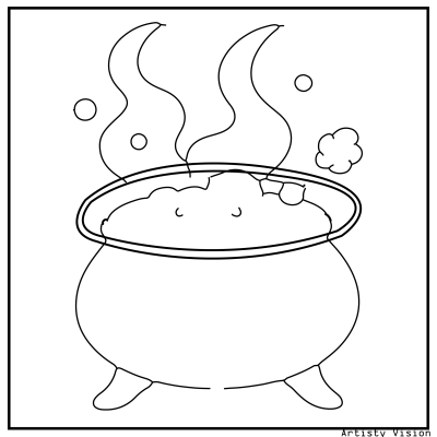 Witch cauldron coloring page with bubbling potions and smoke rising. Halloween coloring page
