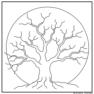 Full moon Halloween coloring page with spooky tree branches in silhouette.