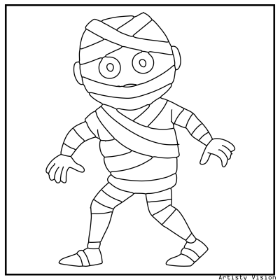 Mummy coloring page with a wrapped mummy walking slowly. Halloween coloring page