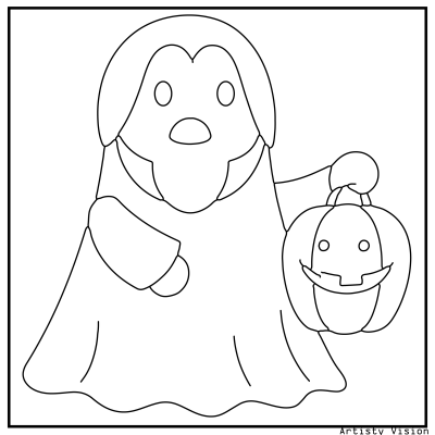 Cute ghost coloring page with a ghost holding a pumpkin basket. Halloween coloring page