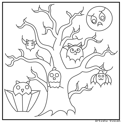 Owl Halloween coloring page with owls perched on a spooky tree branch.